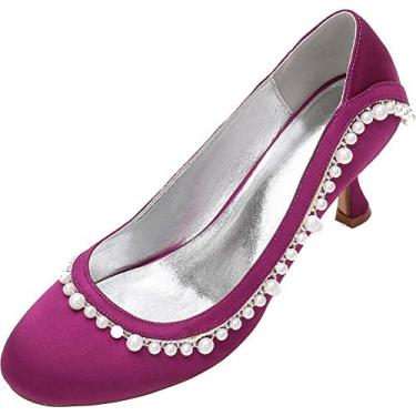 Imagem de Sapatos femininos de salto pérola bico redondo salto gatinha sapatos sociais, Roxa, 10