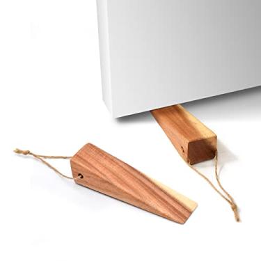 Imagem de Rolhas de porta de madeira, cunhas de porta de madeira de acácia para parte inferior da porta, batentes de portas com base de borracha antiderrapante grande, batentes de porta resistentes adequadas para a maioria das portas e piso (pacote com 2)