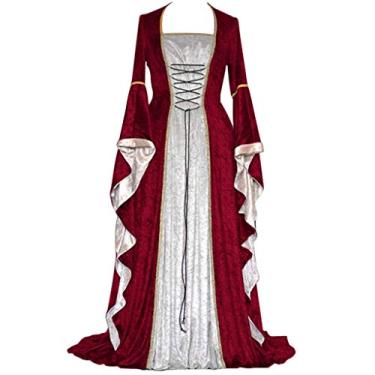 Imagem de Vestido longo longo vintage cosplay comprimento feminino vestido gótico medieval vestido feminino Halloween cosplay feminino, Vinho, X-Large