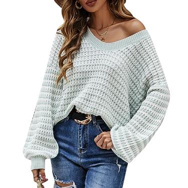 Imagem de Suéter feminino com gola V Color Block Knit Top Pullover solto manga longa canelada suéter listrado, Verde, G