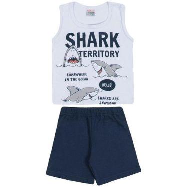 Imagem de Conjunto Curto Bebê Camiseta Regata Branca Estampada Tubarão E Shorts
