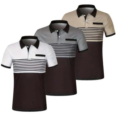 Imagem de 3 pçs/conjunto camisa polo masculina color block listrado manga curta lapela golfe camisa com bolso no peito, camiseta casual gola V, Branco + cinza + cáqui, M