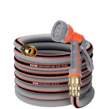 Imagem de Yvnicll Mangueira de jardim de borracha de 7,6 m 5/8, mangueira de água resistente, mangueira flexível durável híbrida, leve que não torce para gramado ao ar livre com bocal de pulverizador e acessórios sólidos de latão de 3/5"