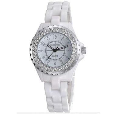 Imagem de Relógios femininos Swarovski cristal analógico quartzo impermeável relógio de cerâmica branca para relógio feminino pulseira, Branco, Moda e casual
