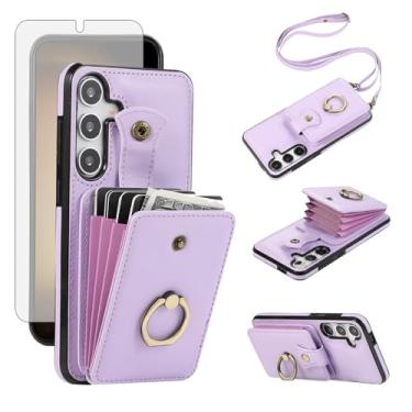 Imagem de Capa de celular para Samsung Galaxy S24 Plus S24+ 5G carteira celular com protetor de tela e alça transversal anel suporte RFID suporte para cartão de crédito S24plus 24S + S 24 24+ mulheres meninas