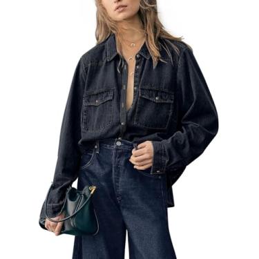 Imagem de Paintcolors Camisa jeans feminina de botão com ajuste regular, manga comprida, casual, para trabalho, túnica de cambraia com bolso, Preto_c35, XXG