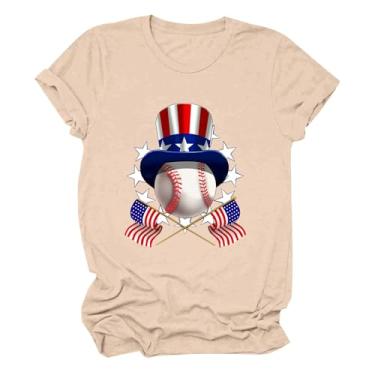 Imagem de Camiseta feminina de beisebol PKDong 2024 gola redonda manga curta com estampa de bandeira de beisebol feminina, Bege, G