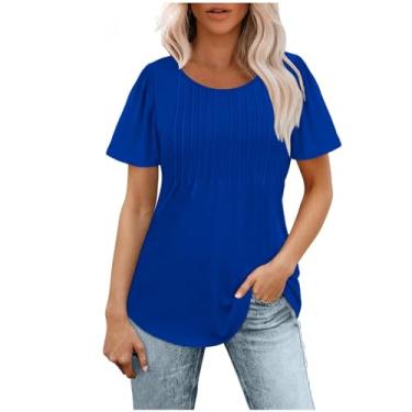 Imagem de Camisetas femininas de verão 2024 de manga curta plissadas e elegantes casuais com gola redonda, Ofertas Relâmpago Azul, GG
