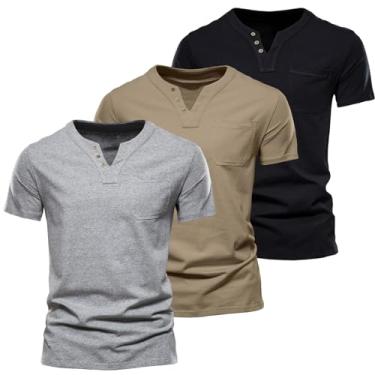 Imagem de Camiseta masculina casual gola V Henley camiseta manga curta algodão bolso no peito, Preto + cáqui + cinza, P