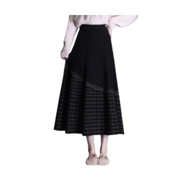 Imagem de Camisola de malha plissada feminina saia midi cintura elástica uma linha xadrez assimétrica saia longa para outono e inverno