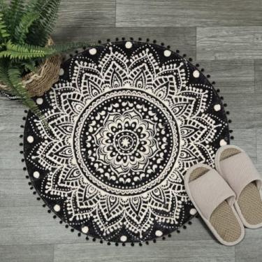 Imagem de Uphome Tapetes de banheiro boêmios redondos de 6,3 cm de diâmetro com franja de pompom, vintage, mandala, veludo, antiderrapante, tapete circular para quarto, sala de estar, preto e creme
