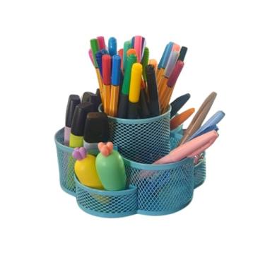 Imagem de Organizador Porta Caneta Lápis Clips Giratório 7 Divisórias Em Metal Aramado - Flor Color (Azul)