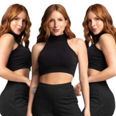 Imagem de KIT 3 Cropped Regata Crepe Bella Fiore Roupa Blogueira Gola Alta Feminino Moda Casual-F...