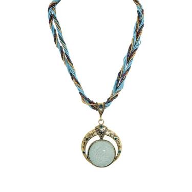 Imagem de MINACHI Colar de corrente de contas multicamadas, pingente de pedra em tom turquesa, estilo boêmio retrô hippie vintage, joias modernas para mulheres, Medium, Liga de aço Miçangas Liga de aço, Sem