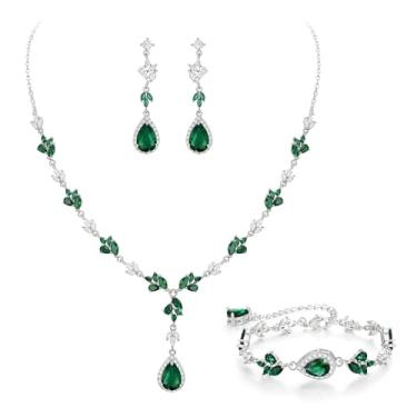 Imagem de Crysdue Conjunto de joias de noiva em forma de gota para festa de casamento, prata/14 k/banhado a ouro rosa, bijuteria de fantasia para noivas, damas de honra, mulheres, colar de zircônia cúbica com