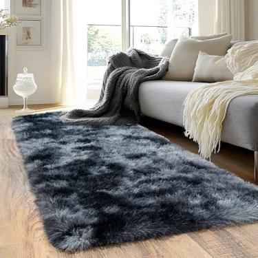 Imagem de Quntue Tapetes de corredor para quarto, tapete macio de 6 x 15 cm, antiderrapante para cabeceira, dormitório, corredor, tapete felpudo longo e macio para berçário, sala de estar, azul e cinza