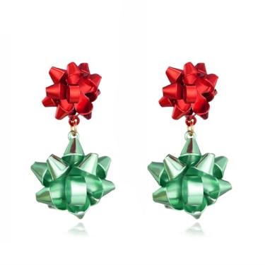 Imagem de Met-edianger Brincos de Natal vermelhos e verdes brincos de declaração brincos de Natal com nó de laço de gota brincos pendentes de festival de férias para mulheres, Zinco, Strass