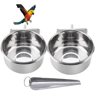 Imagem de Tigelas de alimentação de papagaio Tfwadx, suporte para gaiolas de pássaros – pratos de água e comida de aço inoxidável, alimentadores de pássaros com grampo para paraquedas cinzas africanas Conure Cockatiels Lovebird Budgie Chinchilla