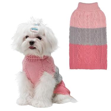 Imagem de EXPAWLORER Suéter para cachorro com orifício de trela - suéteres de outono para cães meninas meninos, roupas de tricô clássicas de gola rolê para clima frio, roupa de cachorro de malha de cabo, casaco, roupas para animais de estimação (rosa e cinza, G)