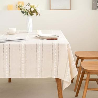 Imagem de SIELUNO Toalha de mesa retangular estilo fazenda toalhas de mesa de linho - quadrado marfim vazado, 137 x 137 cm, 4 lugares