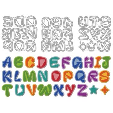 Imagem de MAYJOYDIY Molde de corte do alfabeto, 26 letras, letras de estrelas, matrizes de corte de metal, molde de estêncil em relevo de aço carbono para álbum de fotos, festa, álbum de fotos, artesanato em