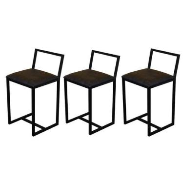 Imagem de Jogo 3 Banqueta Baixa Para Cozinha Preta Industrial Estofado Marrom - 