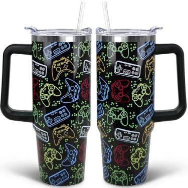 Imagem de puhnhsv Copo para jogos de 850 g com alça e canudo, copo de aço inoxidável isolado para jogos de 850 g, canecas de café, garrafa de água, presentes para homens e meninos