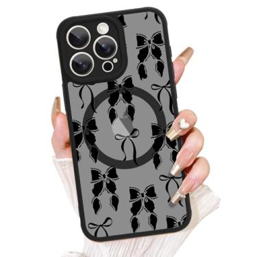 Imagem de AIGOMARA Capa para iPhone 15 Pro Max, compatível com MagSafe, linda estampa de laço com capa de telefone fosca semitransparente para mulher Gilrs TPU macio e PC capa protetora traseira fina preta