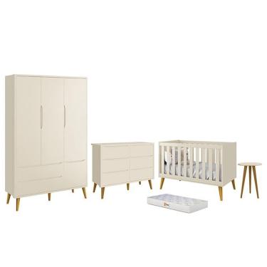 Imagem de Dormitório Infantil Theo 3 Portas, Cômoda 6 Gavetas, Berço, Mesa de Canto com Pés Amadeirado e Colchão - Reller Móveis Areia Fosco