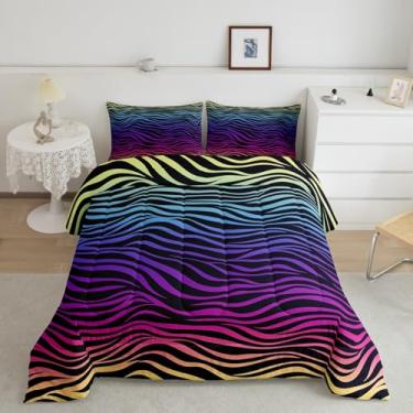 Imagem de Manfei Conjunto de edredom geométrico com listras de zebra, tamanho casal, estampa de zebra, arco-íris, decoração de quarto de adolescentes, animais selvagens naturais africanos, microfibra macia, 3