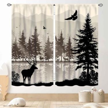 Imagem de Cortinas de veado para casa de fazenda, retrô rústica floresta lago pinheiro, silhueta campestre cabana chalé vintage blackout para janela, tratamentos para cozinha, quarto, sala de estar, conjunto de