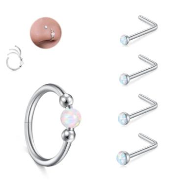 Imagem de JFORYOU Conjunto de anéis de nariz 18G para mulheres, aço inoxidável, hipoalergênico, 1,5 mm, 2,5 mm, 2,5 mm, 3 mm e opala articulada, segmento clicker, argolas de nariz, argolas, cartilagem de hélice