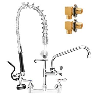 Imagem de Torneira comercial com pulverizador, latão cromado montagem na parede torneira pia cozinha 91.4 cm altura 20.3 cm centro com mola pull down pulverizador, adaptador de ângulo reto, 30.5 cm bico e 96.5