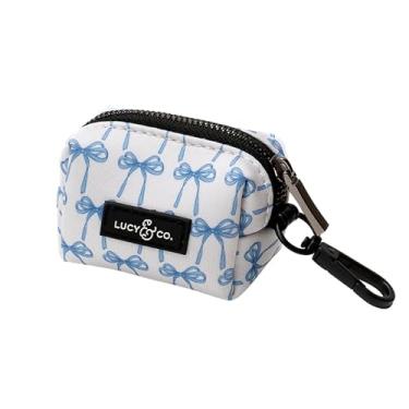 Imagem de Lucy & Co. Suporte para saco de cocô de cachorro - Dispensador à prova de vazamento com acessório de coleira - Recargas fáceis - Coletor higiênico para cocô de estimação - Branco com laços azuis