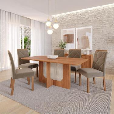 Imagem de Conjunto de Mesa Retangular com Tampo de MDF Cinamomo Louise e 6 Cadeiras Fernanda Suede Joli e Madeira