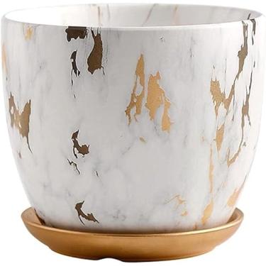 Imagem de Vasos De Flores De Mármore Nórdico De Grande Calibre Vasos De Flores De Jardim De Cerâmica Moderna Redonda De Tamanho Pequeno E Médio Com Uma Base Vasos De Plantas De Interior, White, L