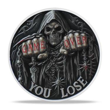 Imagem de RYUKENLM Memento Mori Skull Challenge Coin - Game Over, You Lose-Time is Up - Arte gótica escura, presentes estoicismo motivacionais para prática estoica diária