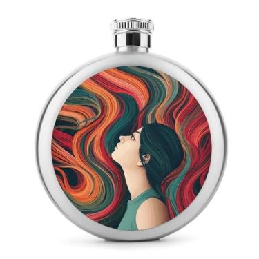 Imagem de Cantil de aço inoxidável, mulher com estampa de cabelo longo colorido clássico cantil garrafa de viagem garrafa portátil de metal