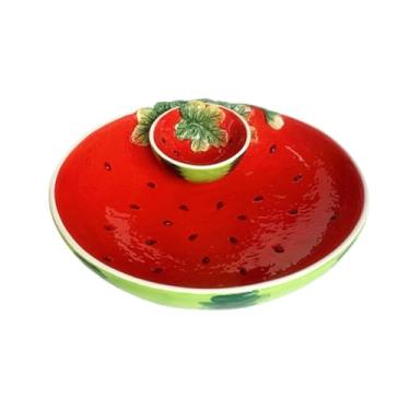Imagem de FORLONG Bandejas de cerâmica vermelha de melancia e molho para servir, aperitivos e queijos, ideal para lanches, legumes, frutas - 26 cm