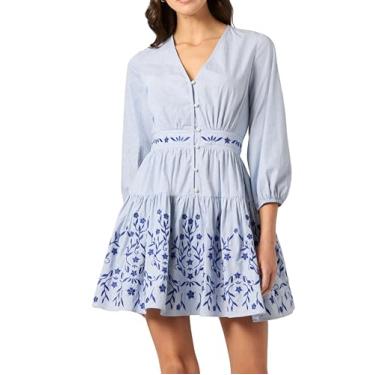 Imagem de Shoshanna Vestido feminino Peonia risca de risca Rory, Azul claro/marfim/azul-marinho, 42