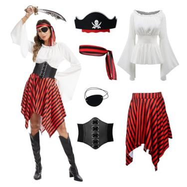 Imagem de DARFULA 9 peças de fantasia de pirata feminina renascentista camisa vestido com lenço de cabeça cinto de cintura conjuntos de acessórios de fantasia medieval (branco, grande)