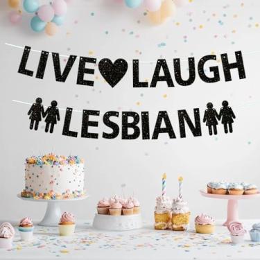Imagem de Decorações de festa de despedida de solteira lésbica pré-amarrada, faixa lésbica Live Laugh, glitter preto, emo gótico, queer, orgulho gay, LGBTQ, suprimentos de decoração de festa de despedida de