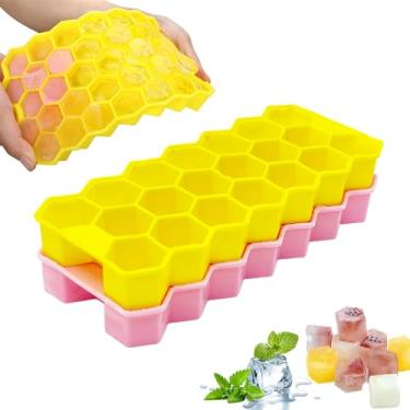 Imagem de 2 bandejas para cubos de gelo em forma de favo de mel com tampa, pequenas bandejas de gelo para freezer, 40 formas de silicone, molde reutilizável para cubos de gelo para bebidas, café, uísque