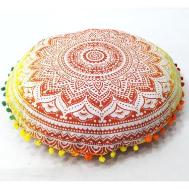 Imagem de ICC Capa de almofada de mandala redonda laranja amarela ombré capa de almofada de assento hippie decorativa boêmia pufe otomano, fronhas de travesseiro pompom, indiano boêmio, 55 cm