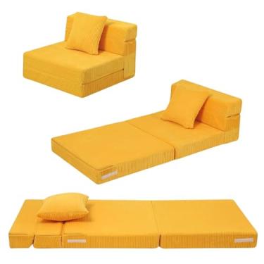Imagem de MeMoreCool Sofá dobrável para crianças, cadeira de futon dobrável de veludo cotelê, colchão de chão dobrável pequeno, sofá infantil portátil, amarelo