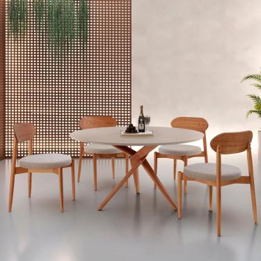 Imagem de Conjunto Sala de Jantar Mesa 135cm Tampo Redondo Texturizado e 4 Cadeiras Hope Brisa / Imbuia Natural / Off White