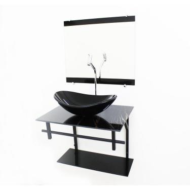 Imagem de Kit Gabinete 60Cm Cuba Oval Mármore Preto + Torneira