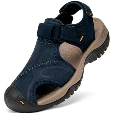 Imagem de Boveshorn Sandálias esportivas masculinas de couro com bico fechado, trilhas, atividades ao ar livre, praia, trilha, pesca, água, leve, confortável, à prova d'água, B - azul, 42