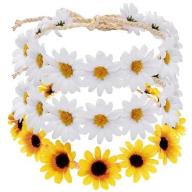 Imagem de Bnikion 3 peças de tiara de girassol coroa tiara flor margarida tiaras para mulheres meninas anos 70 hippie boho, acessórios para noivas, casamento, verão, praia, festa, guirlanda de cabelo