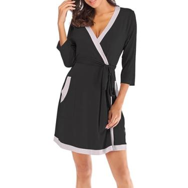 Imagem de Vestes Curtas Femininas Kimono Leve Roupão De Algodão Roupão De Banho De Malha Loungewear Das Senhoras Com Bolsos, Black, S